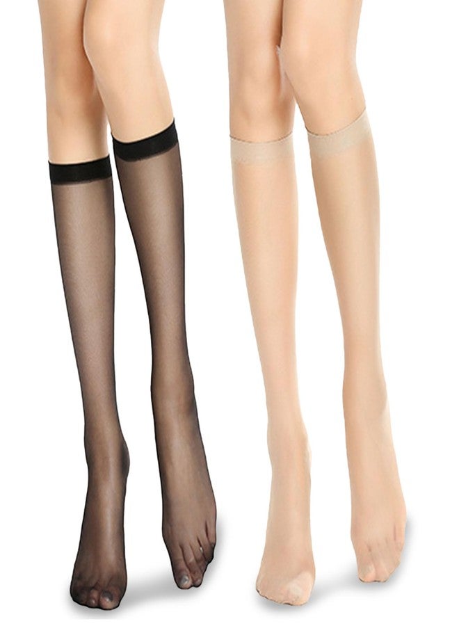 PASDUCHAS 10 Pairs Sheer Knee High Stockings for Women, Black Nude Knee High Hose Nylons Pantyhose - Image 1